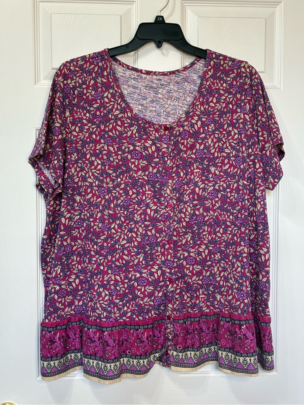 Woman Within Boho Floral Top Womens 22-24 1X Button Up Flounce Hem Pink Purple
